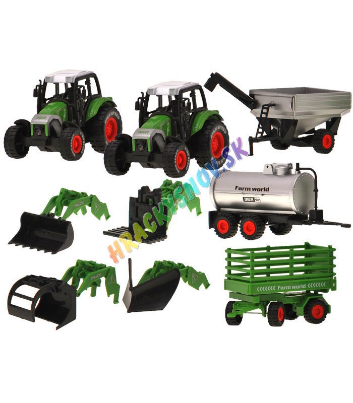 Farmársky traktor - sada 2ks + 2ks vlečka, cisterna, pluh, lyžica, ruka